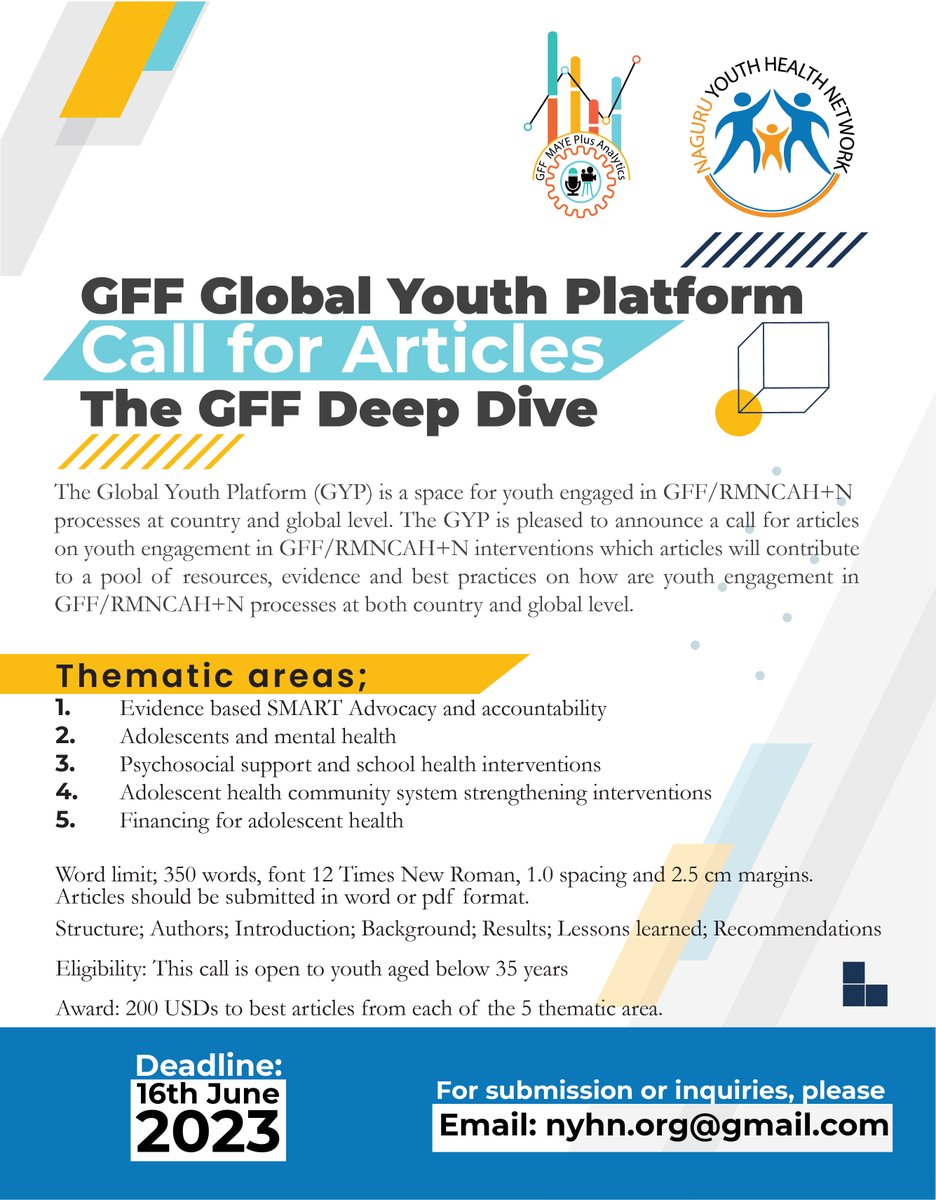 NYHN and the GFF Global Youth Platform are pleased to announce a call for articles on Youth Engagement in the GFF/RMNCAH-N interventions. Please refer to the digital poster for more information. Use the link forms.gle/s5k6ksQHo7wR5J… for submission. 
Inquiries: nyhn.org@gmail.com