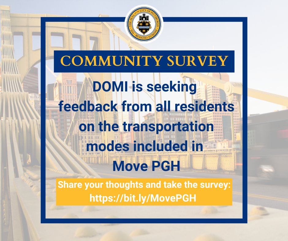 DOMI is gathering feedback from residents on  transportation modes included in Move PGH--whether you some, all, or none of those modes.

Results will inform potential changes the city might make to these services in the future.

Survey open until 6/20: bit.ly/MovePGH