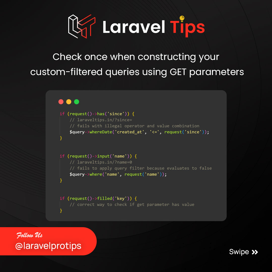 laravel_protips's tweet image. Level Up Your Laravel Skills: Unlocking the Potential of &apos;has&apos;, &apos;input&apos;, and &apos;filled&apos; Methods. Embrace these powerful techniques and become a Laravel pro! 🎯🔥
#Laravel #php #codinglife #CODE #coder #webdev #Backend #Backend #webdeveloper #Mongodb #Tips #tipsandtricks  #coding