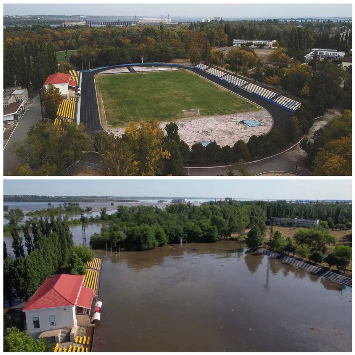Stadium “Energy” in Nova Kakhovka already went under water in the afternoon. #banrussiansport #RussianWarCrimes