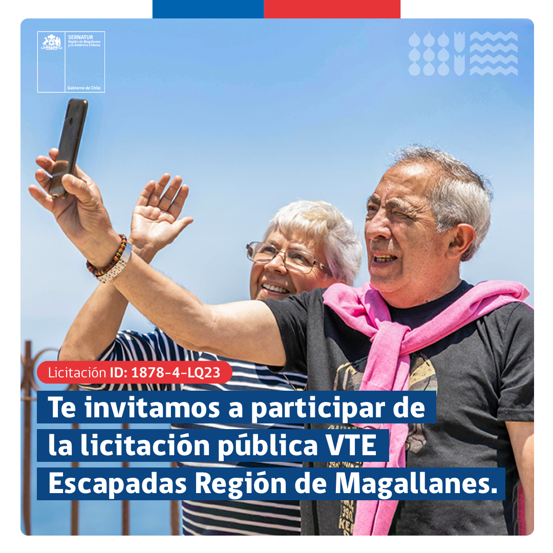 ¿Eres prestador de servicios turísticos?
Participa en la licitación " Programas VTE Escapadas Región de Magallanes" 
Detalles en el link: bit.ly/3NdCVYv
Cierre: 27/06/2023 a las 16:01hrs ( Hora Magallanes) ¡Juntos somos turismo! Porque las Escapadas son Tercera Edad.📷📷