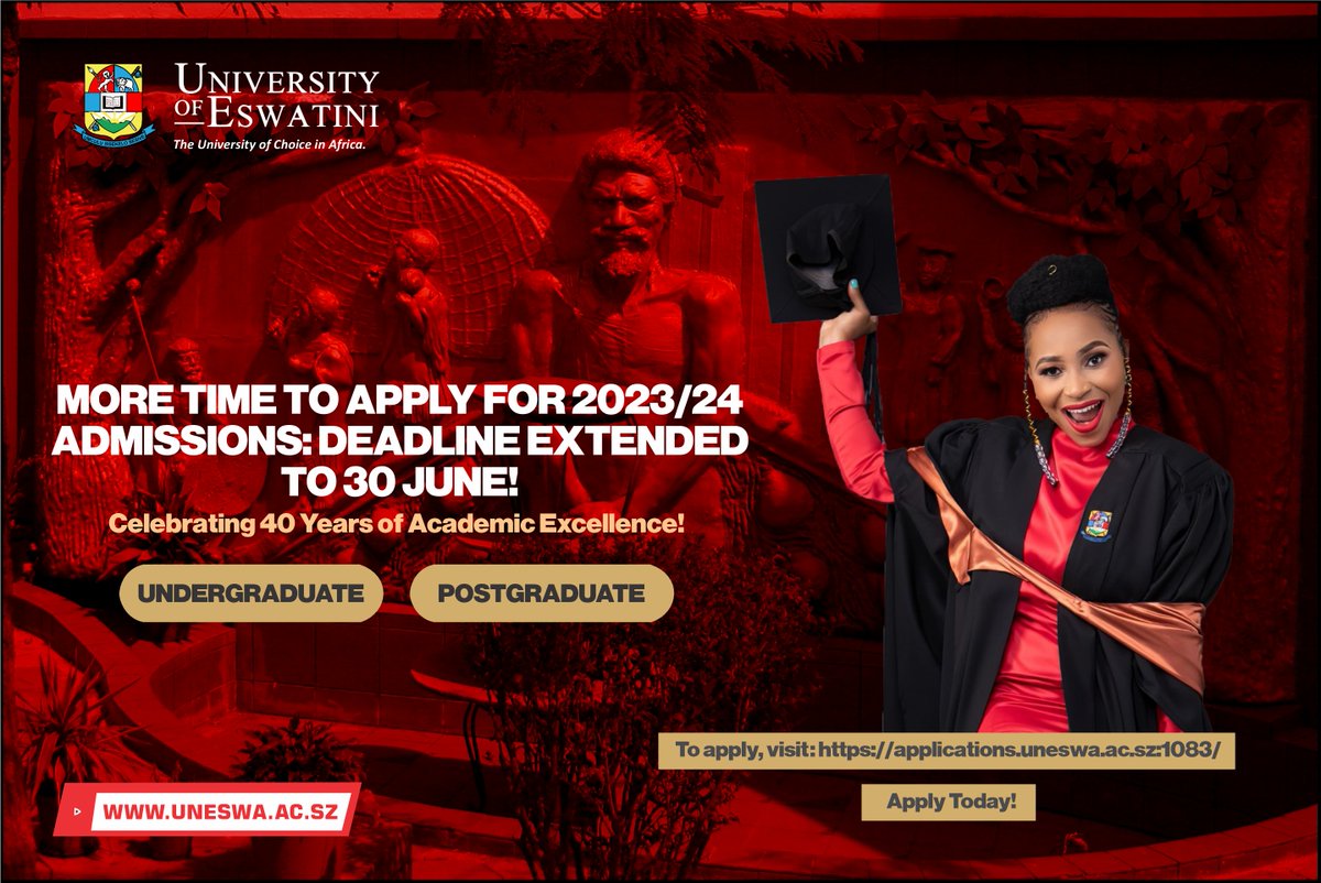 2023/24 Admissions deadline extended! Apply for Undergrad/Postgrad programmes via applications.uneswa.ac.sz:1083 with the deadline now on 30 June. Check out our Prospectus for programme details and admission requirements. Apply today! #UNESWA #ForgeYourOwnPath #Admission