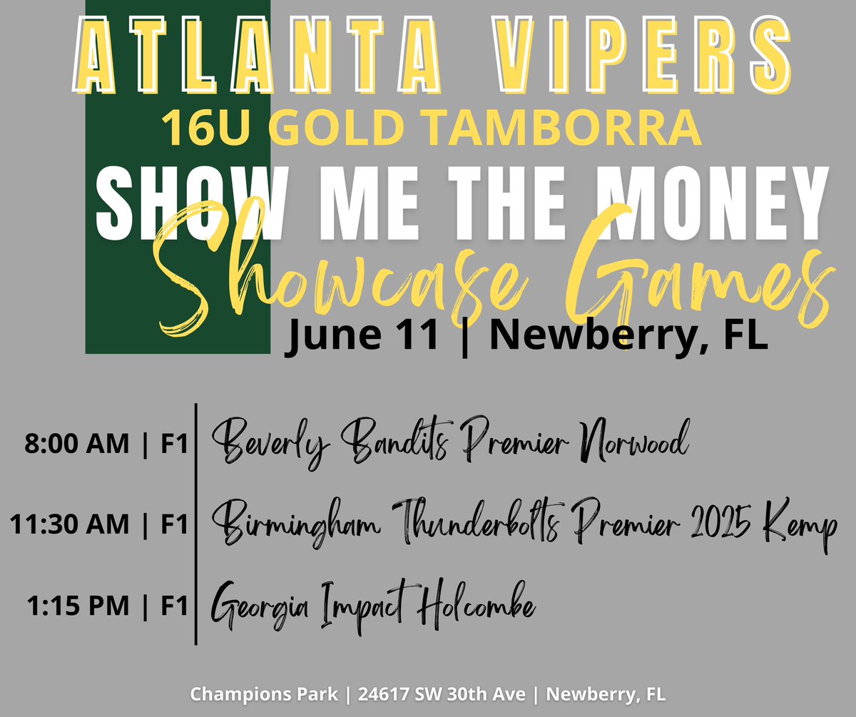 🚨 UPDATED SCHEDULE 🚨 
Thankful for the opportunity to play 3 additional showcase games this weekend.  Check us out on Sunday at Champions Park in Newberry, FL. #pressureisaprivilege #betheonepercent