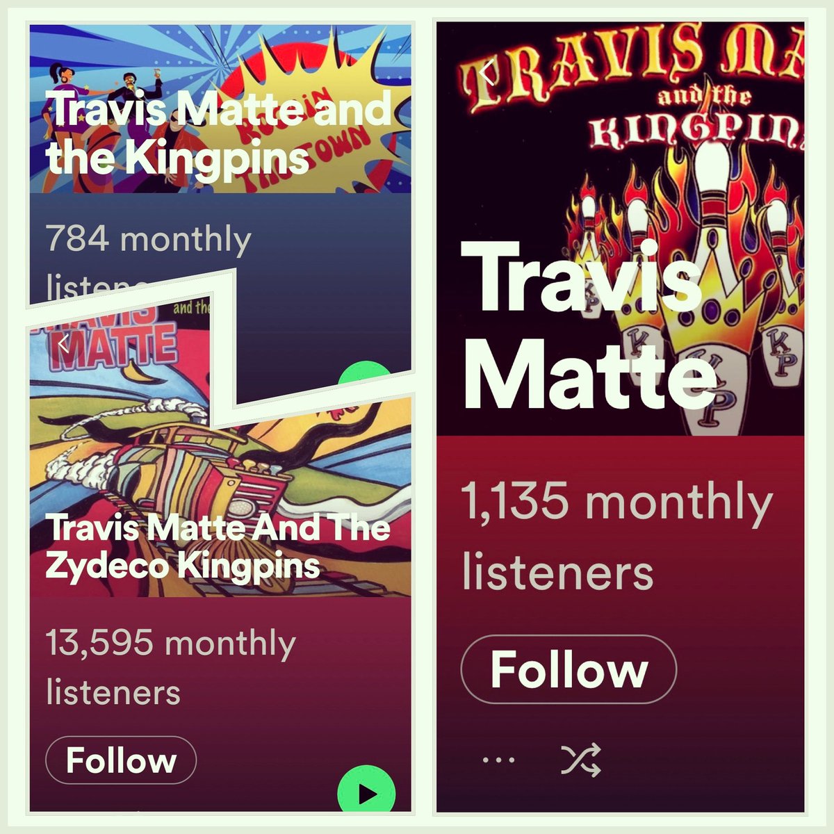 We have a few Spotify pages due to how name was originally inputted into system.
The Kingpins have over 15,000 monthly listeners and we want to thank everyone who has supported us over the years and our new listeners as well. Much ❤️