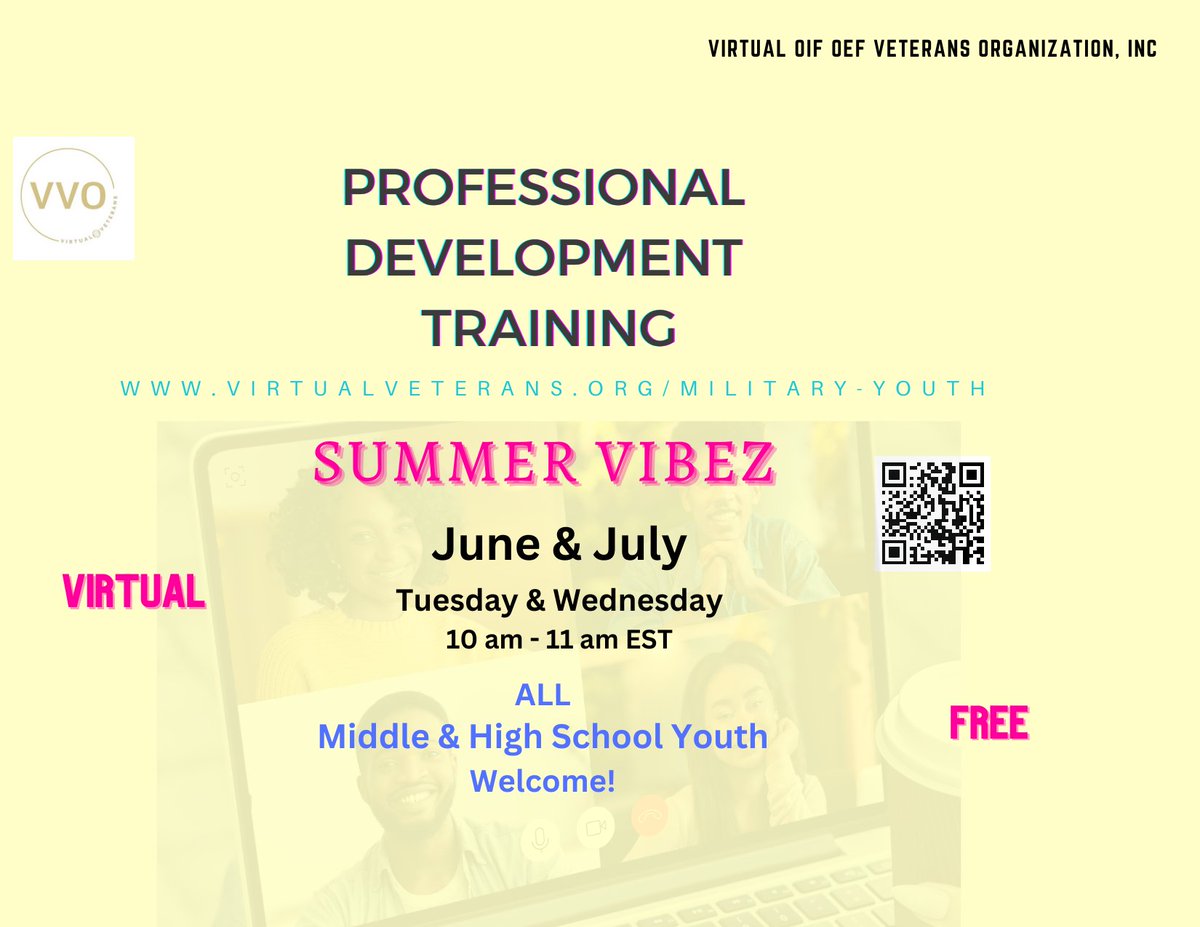 vets_virtual's tweet photo. VIRTUAL OIF OEF VETERANS ORGANIZATION is hosting FREE Virtual Summer Youth Professional Development Training. Would you like to attend? https://t.co/N6bRKzV8JB https://t.co/IDbtM1TPDK