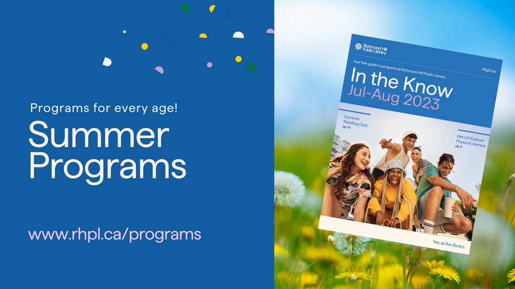 RichmondHillPL's tweet photo. 🌞 Summer's here with our July/August program guide, In the Know! Discover fun for all ages with our diverse summer programs! 🎮🎨✨ Download here: https://t.co/F3iaVF4iMo. Join us for an incredible summer of memories! #SummerPrograms2023 #YorkRegion https://t.co/afErg6h2a6