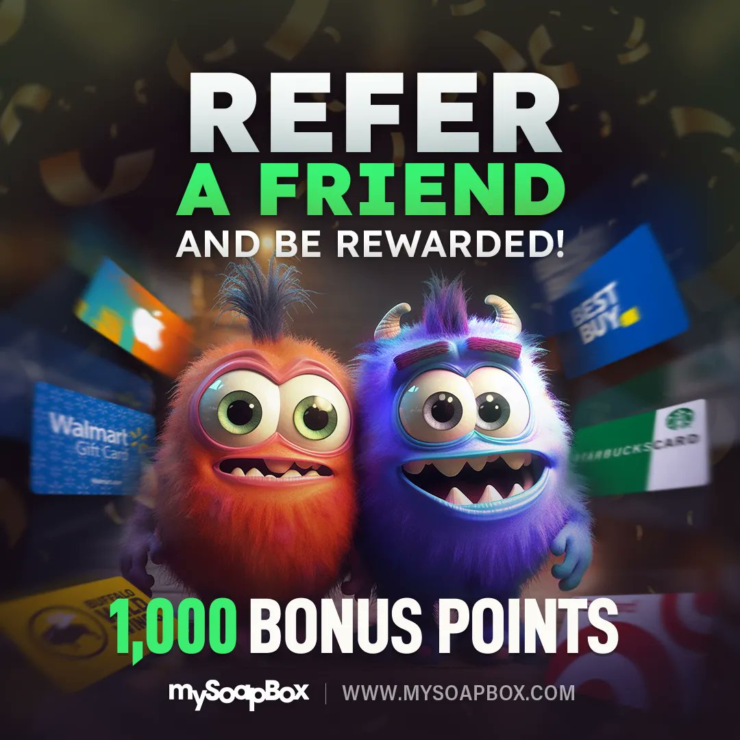 Refer a friend or family member to MySoapBox and you will get 1,000 BONUS Points! Just like that!

Sign in and refer a friend now!
buff.ly/3H14hOY 

#referafriend #surveys #mysoapbox #giftcards #losangeles #lasvegas #northamerica