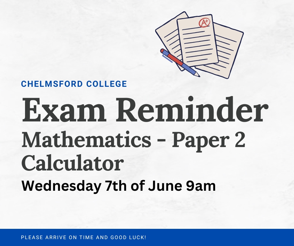 Latest exam reminder❗️⁠
⁠
Tomorrow morning is the GCSE Maths paper 2 calculator exam. ⁠
⁠
Remember to arrive on time, revise and start your day with a good breakfast!
⁠
We wish everyone the best of luck! 🤞⁠

#GCSE #Education #Exam #ChelmsfordCollege #Chelmsford