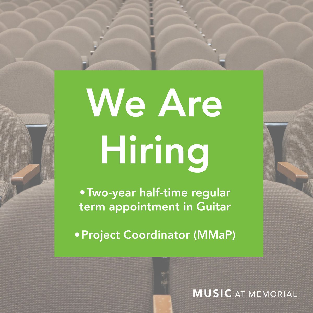 We are hiring! Apply now for the following positions:

→ Two-year half-time regular term appointment in Guitar. Apply by June 14.
→ Project Coordinator (MMaP). Apply by June 12.

For more information and how to apply, visit mun.ca/music/about/em…