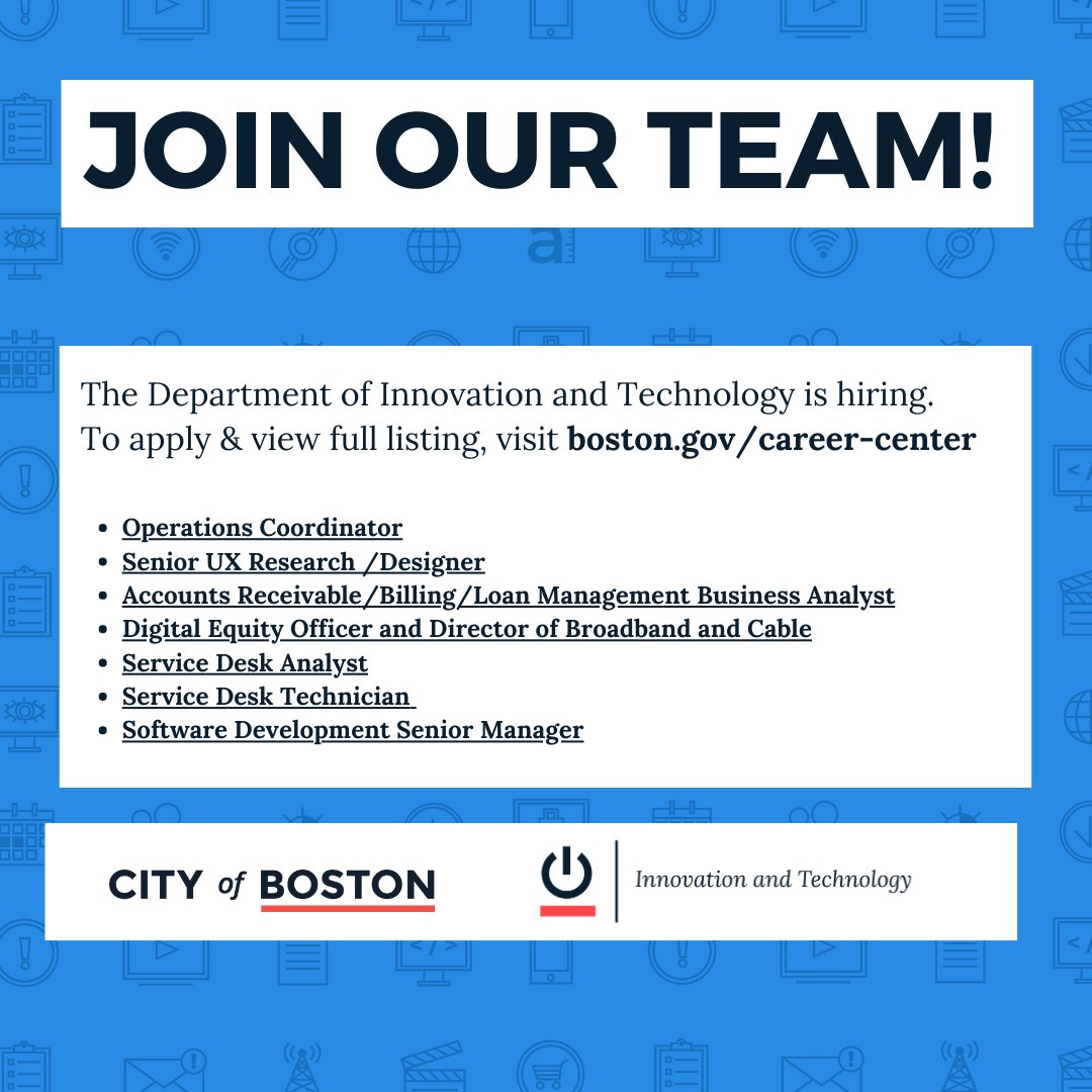 DoITBoston's tweet photo. 🚨New employment opportunities🚨
Click the link below for job descriptions and directions on how to apply!
https://t.co/8IdfC3DgSW #BostonJobs
#BostonTechJobs #ISOBoston #Boston https://t.co/skWH3Yh66g