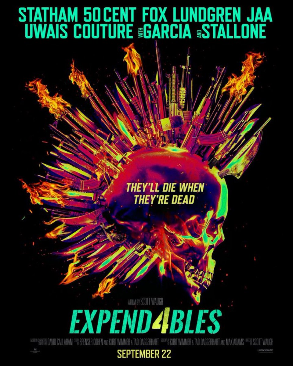 Primer póster oficial para #Expendables4. El tráiler llega mañana y la película estrena en septiembre 22. 🔥