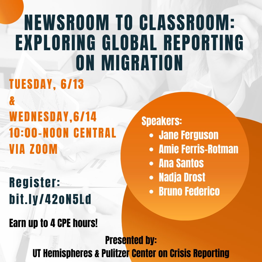 Join Hemispheres and @PulitzerCenter for two FREE eductor workshops 6/13 &amp; 6/14. Discussions with journalists will be followed by a reflection and exploration of curricular resources. Earn up to 4 CPE credits! Register for one or both at bit.ly/42oN5Ld