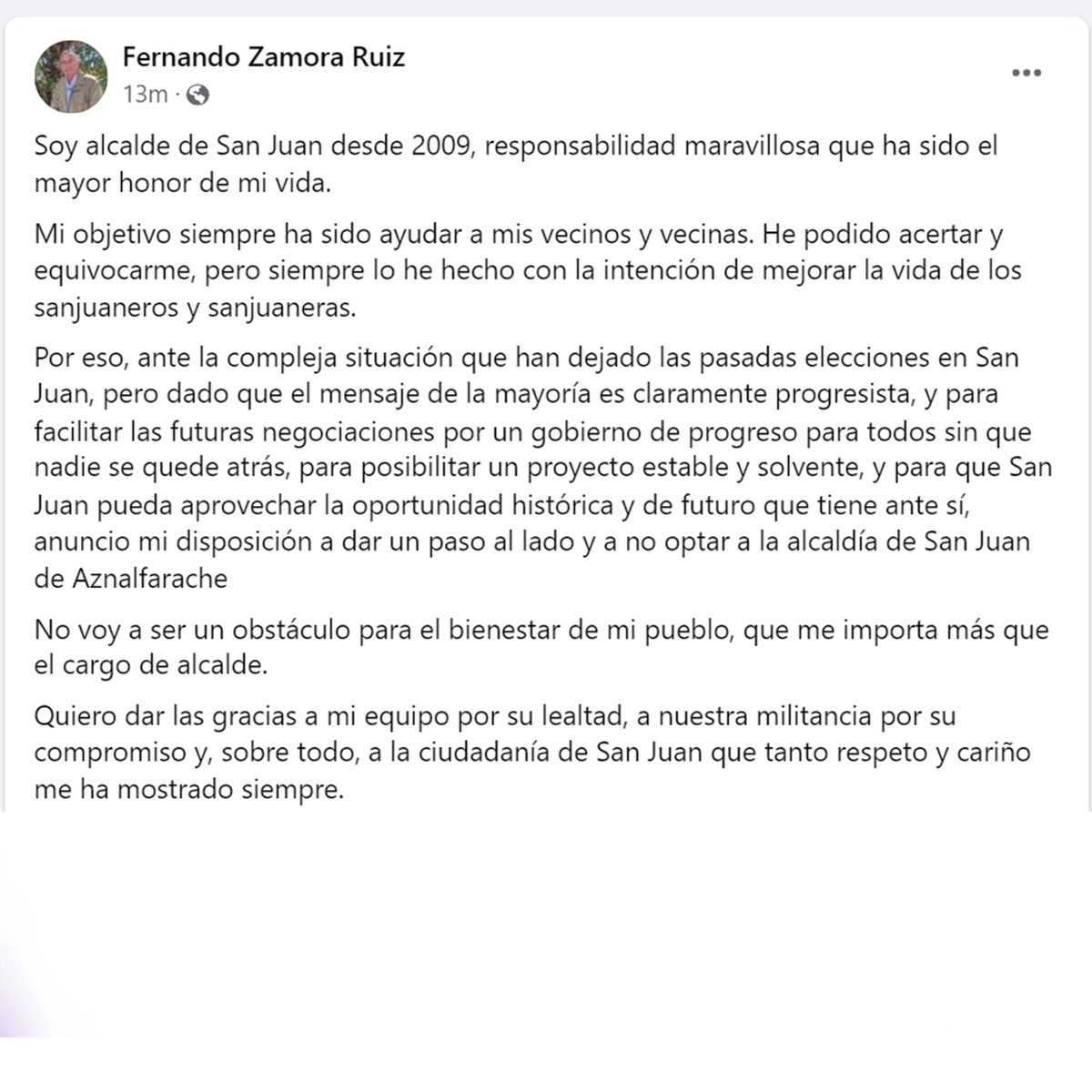 psoe_sja's tweet photo. 👉 "Ante la compleja situación tras las elecciones, que el mensaje de la mayoría es progresista y para facilitar futuras negociaciones por un gobierno estable, solvente y de progreso para todos
✅ Anuncio mi disposición a dar un paso al lado y no optar a la alcaldía" @FdoZamoraR https://t.co/Y0SAAjRqZl