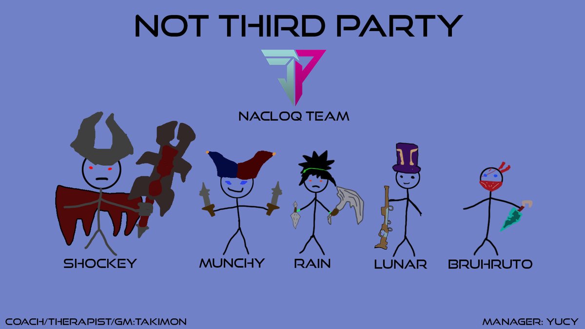 Introducing the  (not) Third Party Roster for the NACL Summer Open Qualifiers 

Players:
Top - <a href="/ShockeyLoL/">Shockey</a> 
JG - <a href="/lolmunchy/">MunchyPunchy</a> 
Mid: Rain
ADC - <a href="/Lunar_ADC/">Lunar</a> 
Support - <a href="/Dadumdum7/">TUB</a> 

Coach/GM/Therapist: @TakimonLoL 

#ThirdParty #NACL #PathtoLCS