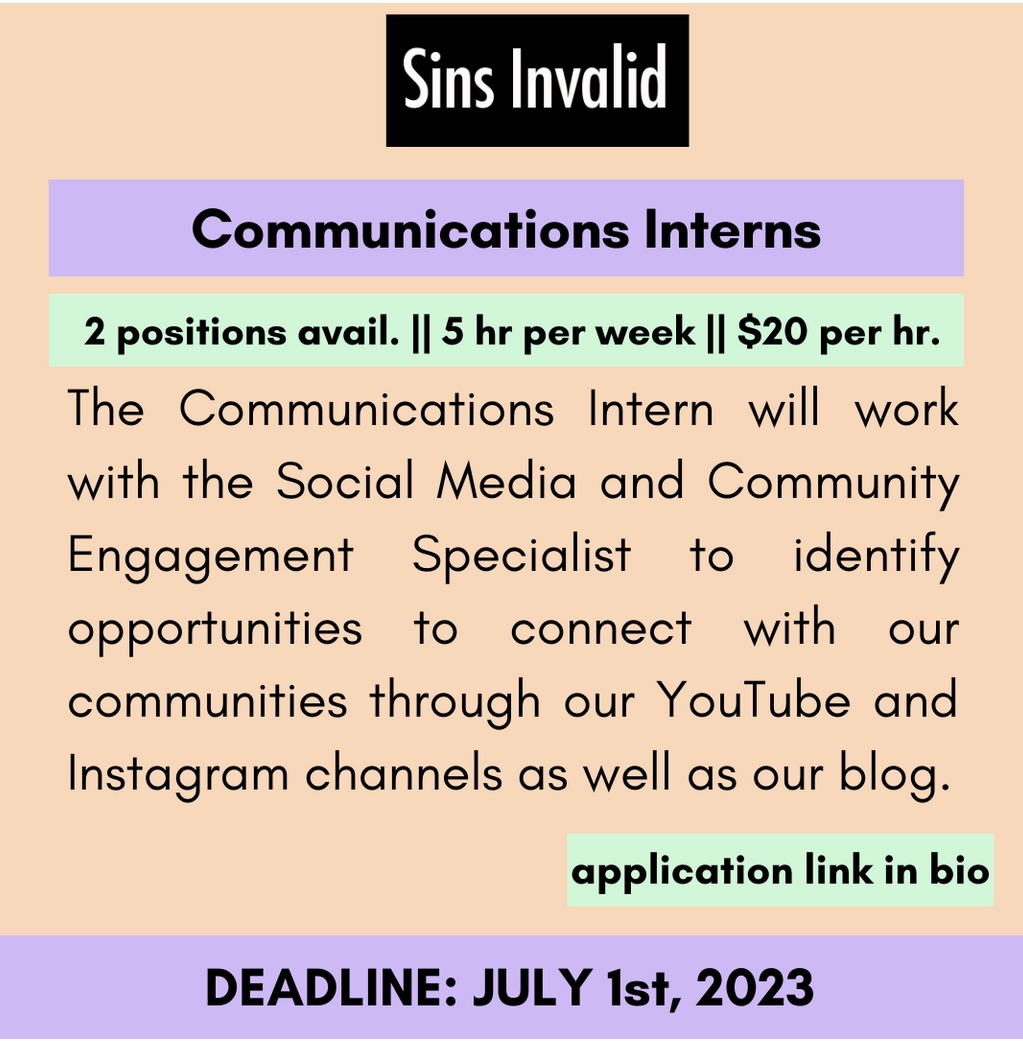 WUCinemaStudies's tweet photo. Sins Invalid is hiring paid interns. #Internship  #DisabilityInclusion #SocialMedia #Communications  
https://t.co/Skab2usx3j https://t.co/CqLfpW5Cyo