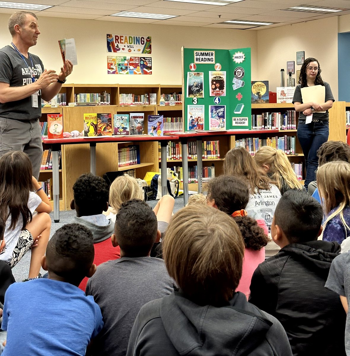 Today we had <a href="/ArlingtonVALib/">Arlington VA Pub Lib</a> here to kick off the summer reading 🎉 📚program. Lots of pizes for reading for 30 days 📖⚾️🏟️&amp; even more for being a Super Reader 🏊‍♂️  <a href="/WashingtonNat17/">Washington Nationals</a> <a href="/arlparksrec/">ARL VA Parks & Rec</a> <a href="/APSLibrarians/">APS Library Services</a> <a href="/longbranch_es/">Long Branch ES</a> <a href="/APSVirginia/">Arlington Public Schools</a>