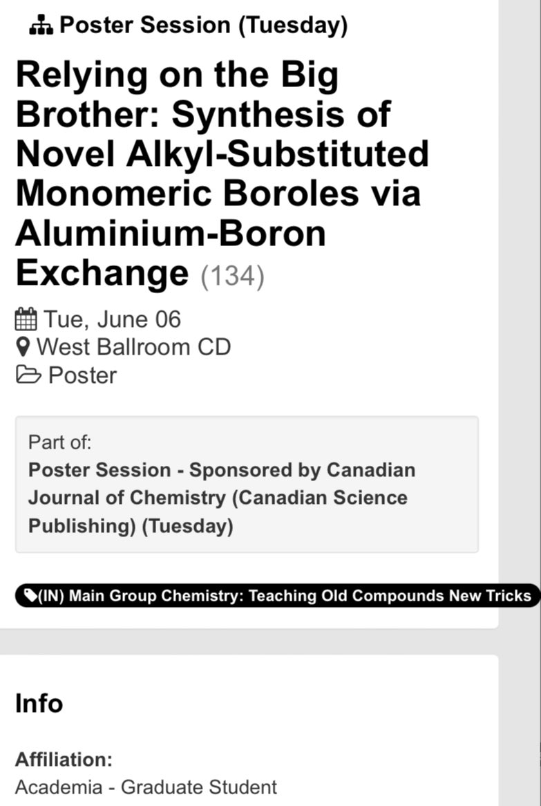 Josina Bohlen (@josinabohlen) on Twitter photo If you are interested in some main group chemistry, make sure to check out my poster tonight! You will find me at (IN)134 from 5.40 - 7.40 p.m.
#CSC2023 #chemtwitter #boron #aluminum If you are interested in some main group chemistry, make sure to check out my poster tonight! You will find me at (IN)134 from 5.40 - 7.40 p.m.
#CSC2023 #chemtwitter #boron #aluminum