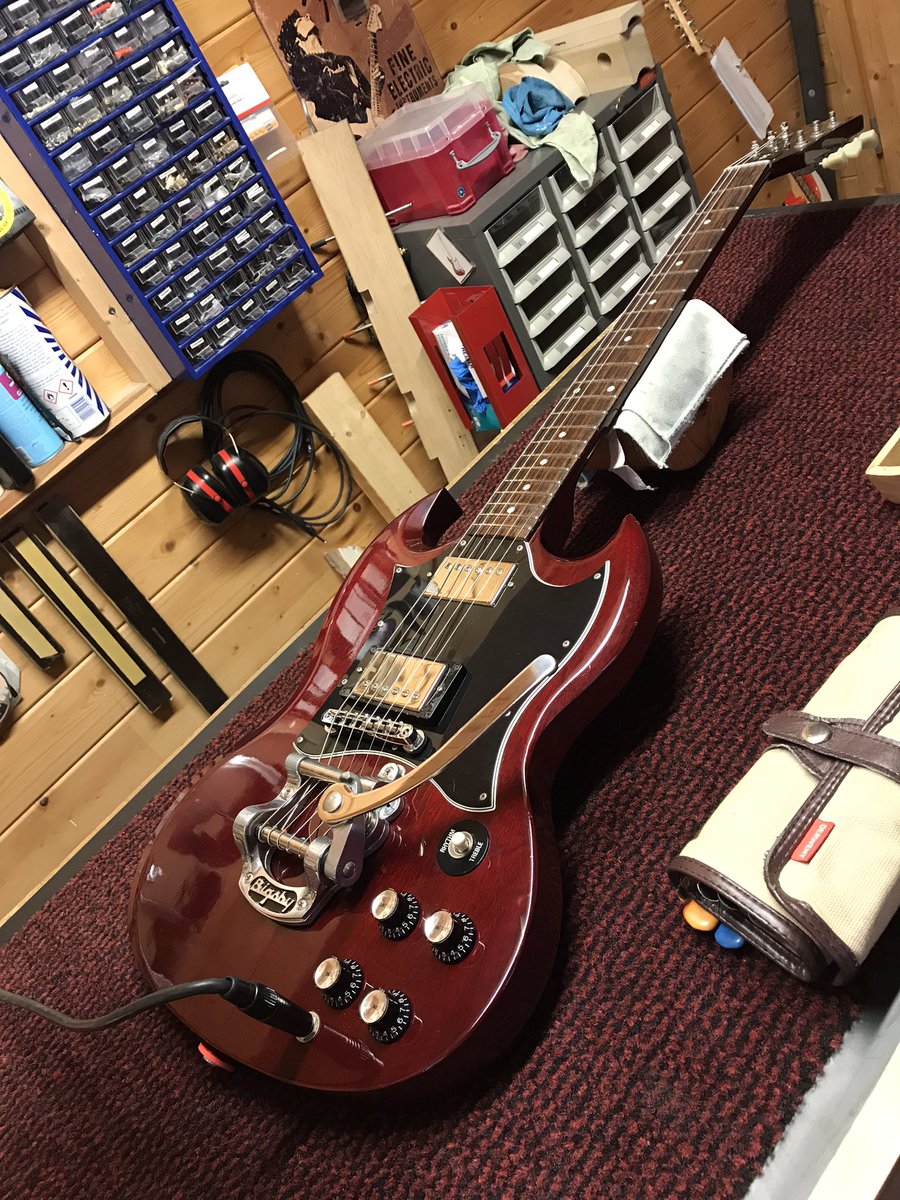 Bigsby compilation: Custom shop Gretsch in for pickup change, Bibsgy block off &amp; setup, Telecaster re-fretted, fret dress &amp; setup on Gibson SG.