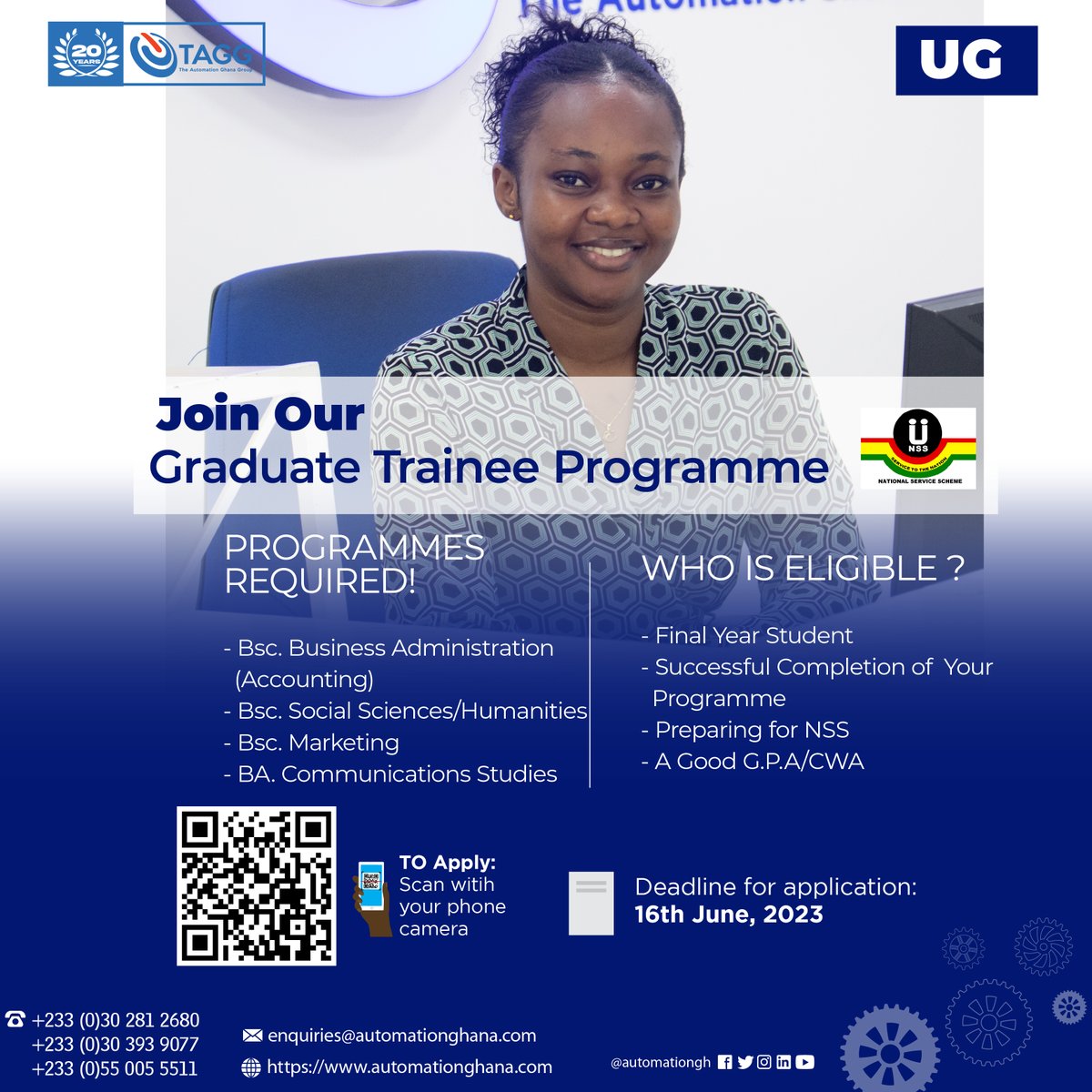 automationgh's tweet image. Are you a final-year student offering any of these programs at UG or UPSA? If yes; then apply to join our Graduate Trainee program via: rb.gy/pxlp3
#GTP #TAGG #GraduateTraineeProgram