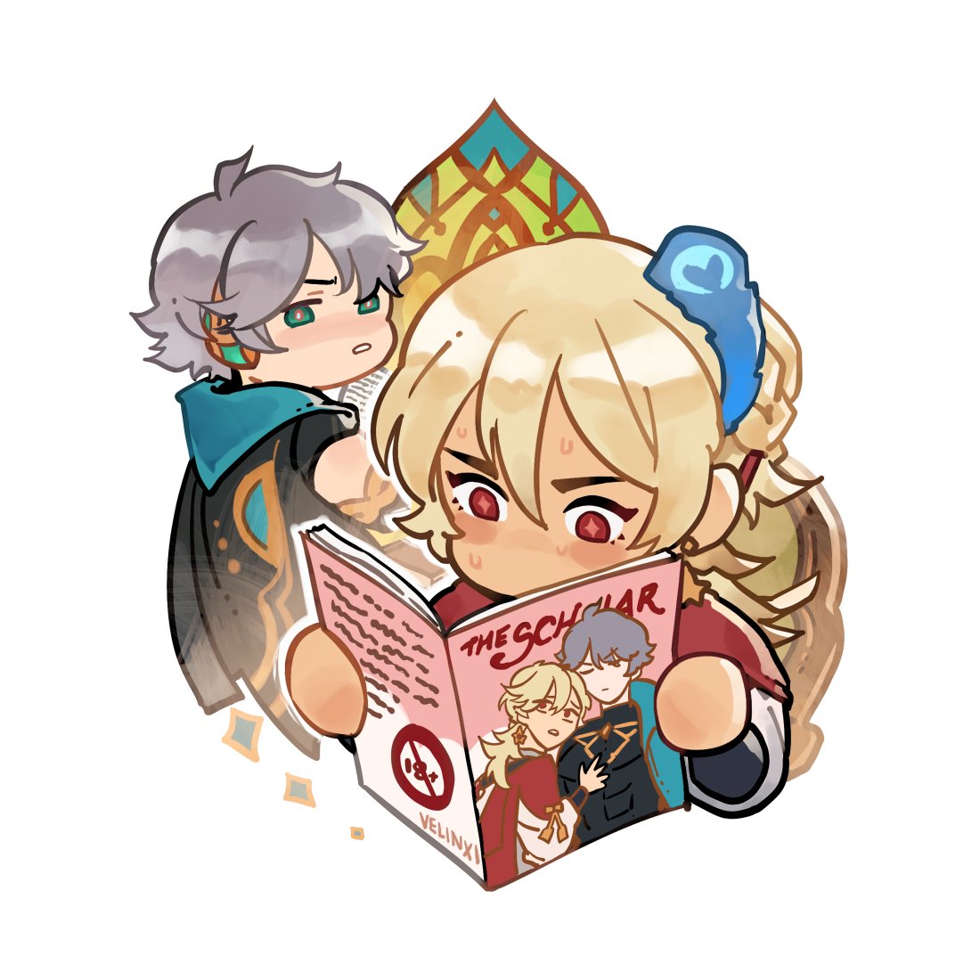 multiple boys book red eyes grey hair holding book 2boys blonde hair  illustration images