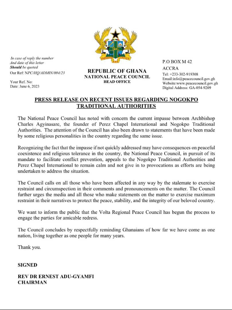 Volta Regional Peace Council has begun processes to resolve the impasse between the Nogokpo Traditional Authorities and Archbishop Charles Agyinasare - National Peace Council 

#GTVBreakfast