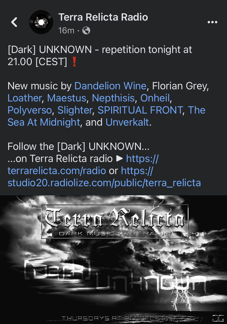 Excited to be back on the [Dark] Unknown show today on @TerraRelicta Radio. Grateful for their support🖤
#postpunk #darkwave #industrial #Dark #gothic #NewMusic #NewMusicAlert #NewMusicTuesday #NewMusicDaily #NewMusic2023 #NewMusicFriday #NewMusicMonday #NewRelease #newreleases