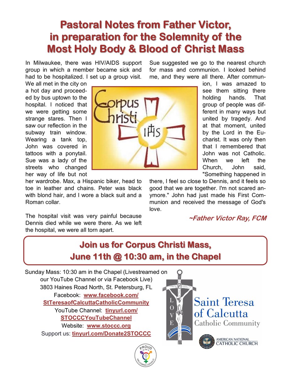 Join us for the #FeastofCorpusChristiMass on June 11th @ 10:30 am in the Chapel!
#CorpusChristi2023 #MostHolyBodyAndBloodOfChrist #CorpusChristiSunday #CatholicMass #StTeresaofCalcuttaCatholicCommunity #STOCCC #ANCC #AmericanNationalCatholicChurch #Catholic #IndependentCatholics