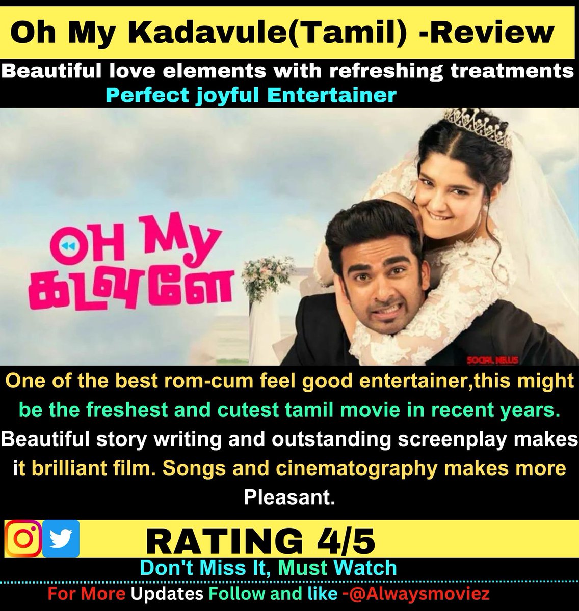 #OhMyKadavule-⭐⭐⭐⭐
Perfect joyful entertainer.

One of the best rom-cum feel good entertainer,this might be the freshest and cutest tamil movie in recent years. Beautiful story writing and outstanding screenplay makes it brilliant film.  
@AshokSelvan #RitikaSingh