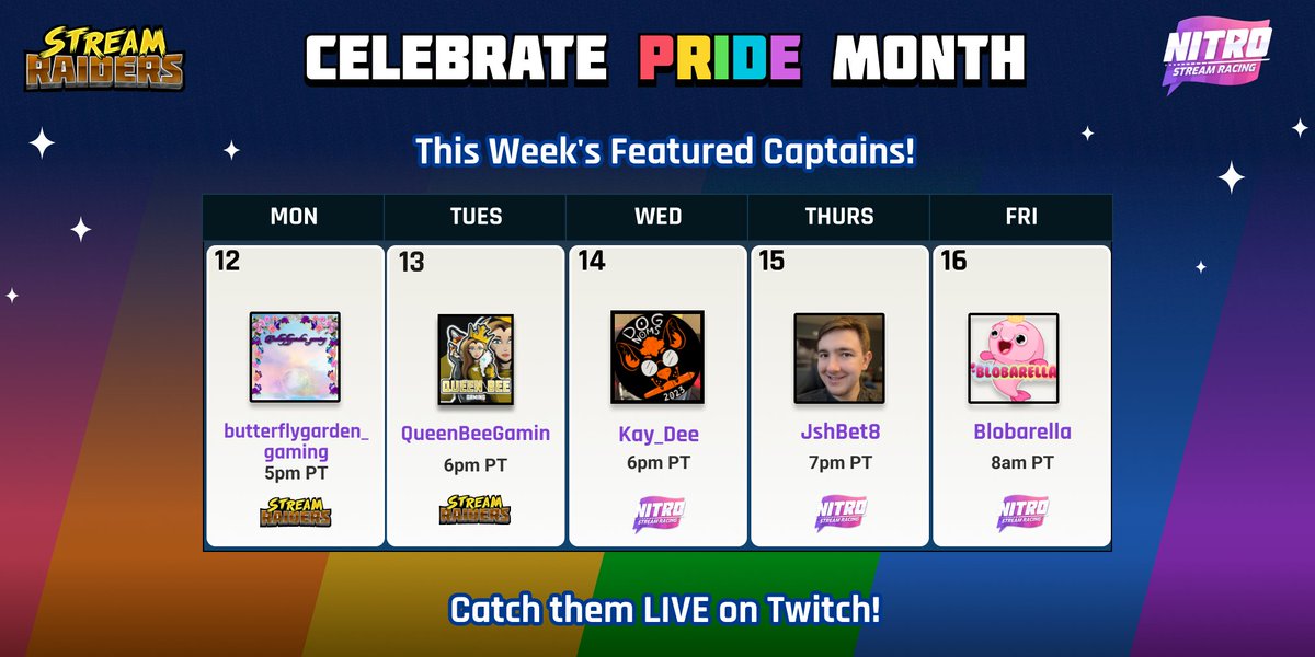 Our upcoming Featured Pride Month Captains for the week are ready to bring the fun to a stream near you!

Be sure to stop by and say hello to
@butterfly060582, @QueenBeeGaming1, @DogNomsAZ, @JshBet8, and @blobarella!

See you in chat🎉