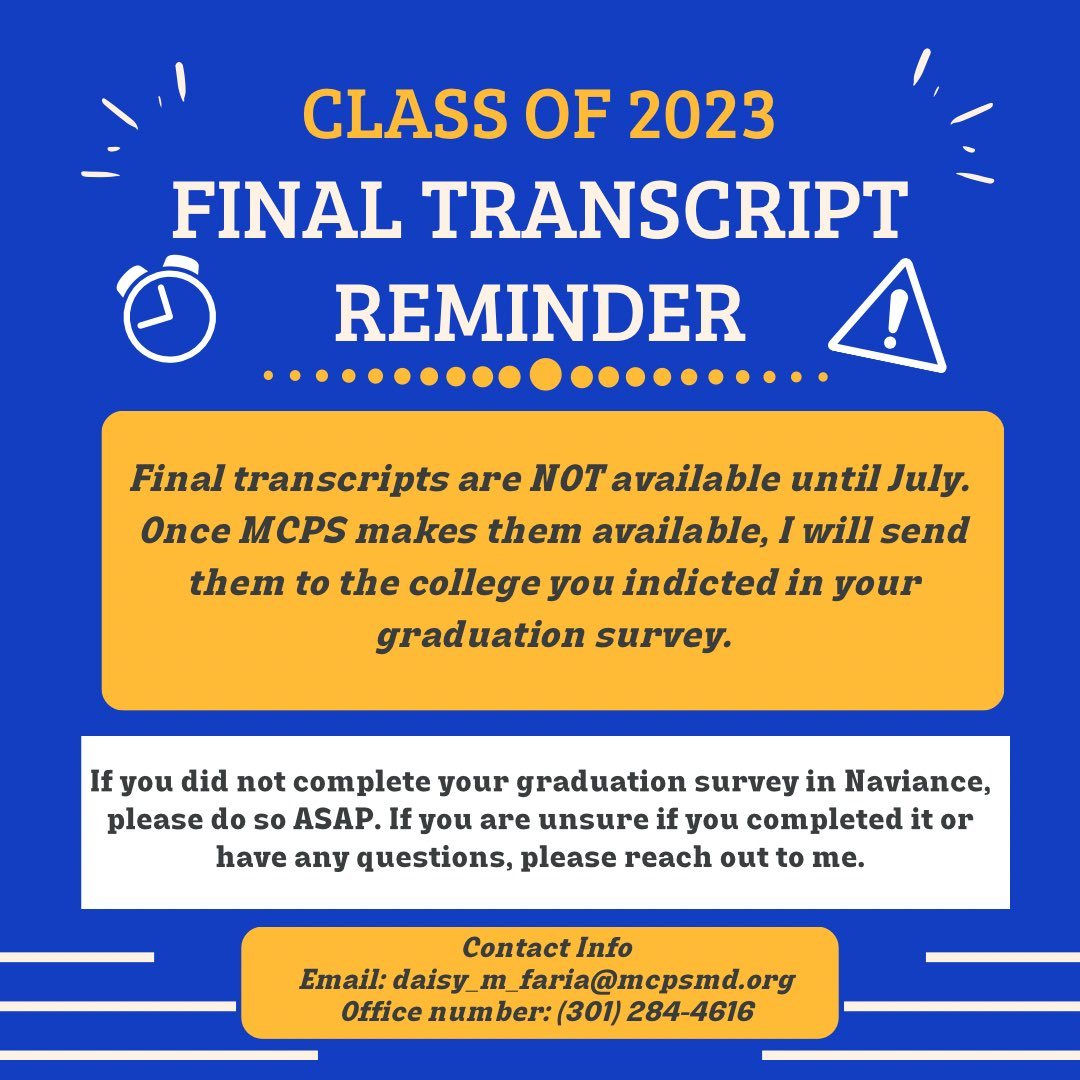 🚨Attention Seniors🚨Your final transcripts are not available until July! Please complete the graduation survey in Naviance if you have not done so already! This is how I will know where to send it. <a href="/GHS_Counseling1/">Gaithersburg HS Counseling Department</a> <a href="/GHSPTSA1/">GHS PTSA</a> <a href="/GburgPrincipal/">Cary Dimmick</a>