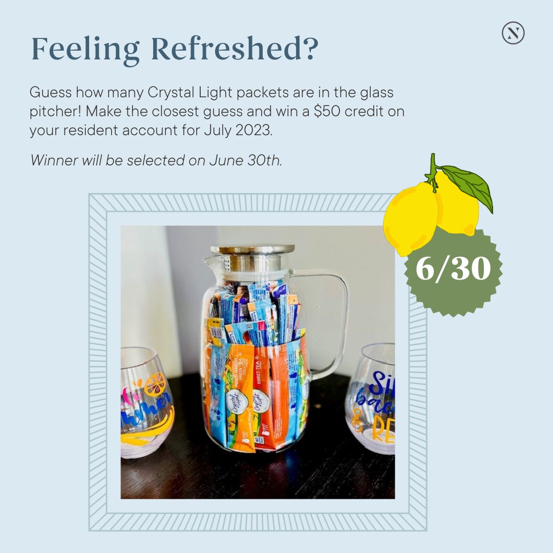BayHarborFl's tweet photo. Stop in the office all month and guess how many Crystal Light packets are in the glass pitcher!

#LoveWhereYouLive #weloveourresidents #June #Community #ResidentEvents #LuxuryRentals #TakeAGuess #FortMyers #BayHarborGuess https://t.co/QcKSU7YPDr