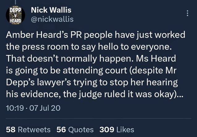 felisa_elisa's tweet photo. This was the moment we should have known the UK trial was a con. In the US, one of #JohnnyDepps witnesses was removed from court for saying she’d seen some clips of the trial on tv. #AmberHeard, also only a witness, was allowed to watch the ENTIRE BLOODY THING in the UK. Joke. https://t.co/GQ3KWBemXH