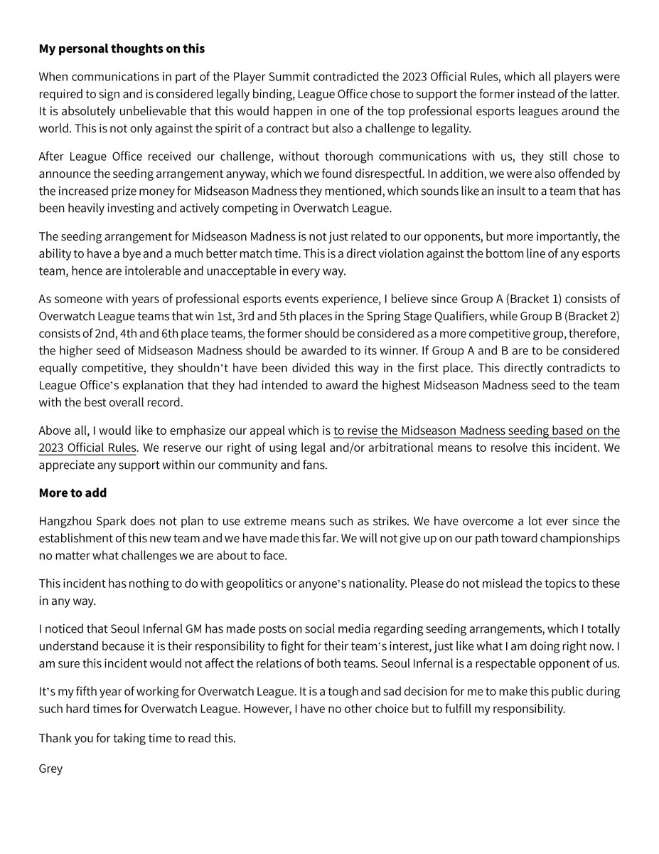 GreyZhang77's tweet photo. Hello everyone, this is Grey, Head of Hangzhou Spark.

I am making a statement regarding the seeding arrangement of Midseason Madness. https://t.co/4szOSQME4h