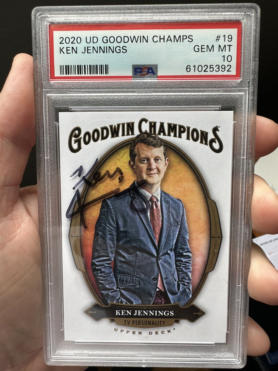 2BMatHerman's tweet photo. Went to a taping of @Jepordy_ and got the GOAT @KenJennings to sign a card of his and he signed a card of @James_Holzhauer 🤣, #whodoyoucollect https://t.co/CyvLujxMW3