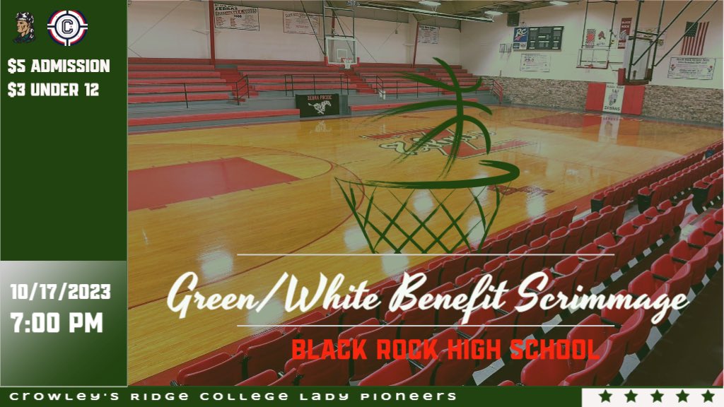 Mark your calendars for our Green/White Benefit game! The game will be played at Black Rock High School. 

ALL proceeds will be split with the town of Black Rock and our Lady Pioneers basketball team! Come on out for a good cause and enjoy the game! #CRCWBB #PioneerTough