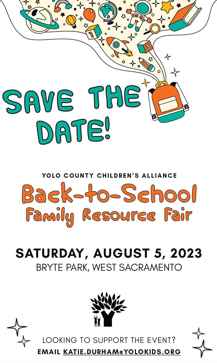 We're already thinking about the new school year and prepping for our Annual Back-to-School Family Resource Fair! 📚

August 5 | Bryte Park | Backpack Registration info coming soon!

#backtoschool #yolokids #ycca4thekids #yolocounty #strongfamiliesyolo