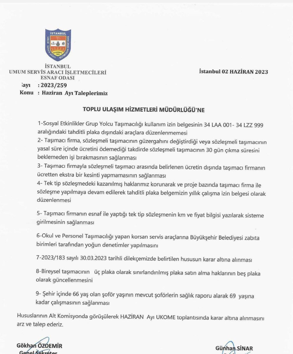 Seçimler bitti. Şimdi seçimlerden önce verilen sözlerin yerine getirilmesini bekliyoruz.

Özellikle İstanbul Büyükşehir Belediyesinin seçimlerden önce yaptığı toplantıda taleplerimiz doğrultusunda dile getirdiği şoför yaşının şehir içinde de 69 olarak uygulanması konusunu , tek