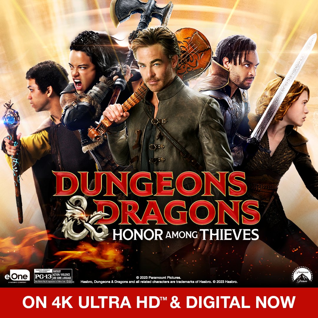 PCLeftovers's tweet image. Bring home #DungeonsAndDragons: #HonorAmongThieves on 4K Ultra HD today! #ChrisPine and #MichelleRodriguez star in this hilarious and action-packed adventure. Buy it on 4K Ultra HD and get over an hour of bonus content. Rated PG-13. From #ParamountPictures.