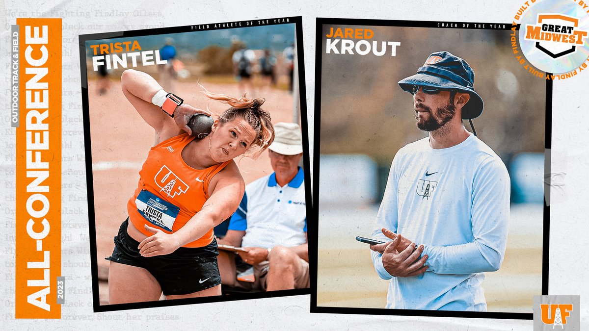 Trista Fintel and Jared Krout earn major awards from the Great Midwest as Findlay earns 27 all-conference spots for the outdoor season!

🎽: tinyurl.com/2w9ec2tn