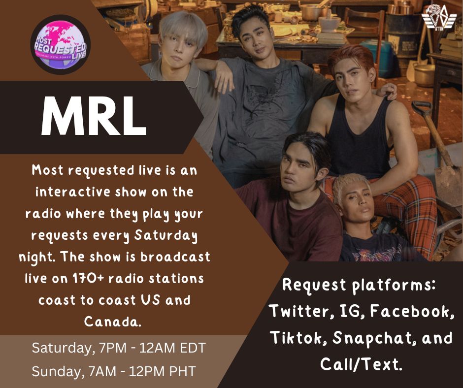 SB19MRL's tweet photo. Why is #MostRequestedLive important?
It's a live show on the radio that plays the most requested song every weekend on 170+ radio stations across the US &amp; Canada. Join us this weekend as we continue to promote #GENTO by #SB19 worldwide.

@SB19Official #SB19GENTO
@MostRequestLive https://t.co/FWJaBV8yzn