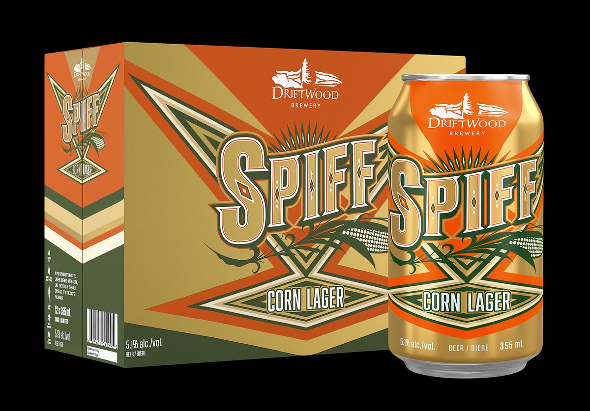 Can and 12-pack box design for SPIFF, <a href="/driftwoodbeer/">Driftwood Brewery</a> 's new Corn Lager.