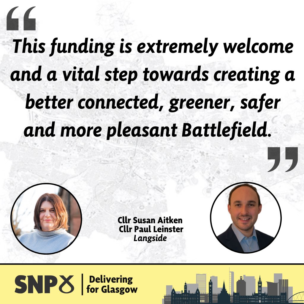 Glasgow SNP Group (@snpforglasgow) on Twitter photo We’re delighted to welcome £2.5 million from <a href="/scotgov/">Scottish Government</a> to accelerate the first phase of Connecting Battlefield to:
🚲Connect the South City Way to the New Victoria Hospital
🚦 Improve crossing points
🚏Create better bus stops & travel connections
🌳 Improve public realm We’re delighted to welcome £2.5 million from <a href="/scotgov/">Scottish Government</a> to accelerate the first phase of Connecting Battlefield to:
🚲Connect the South City Way to the New Victoria Hospital
🚦 Improve crossing points
🚏Create better bus stops & travel connections
🌳 Improve public realm