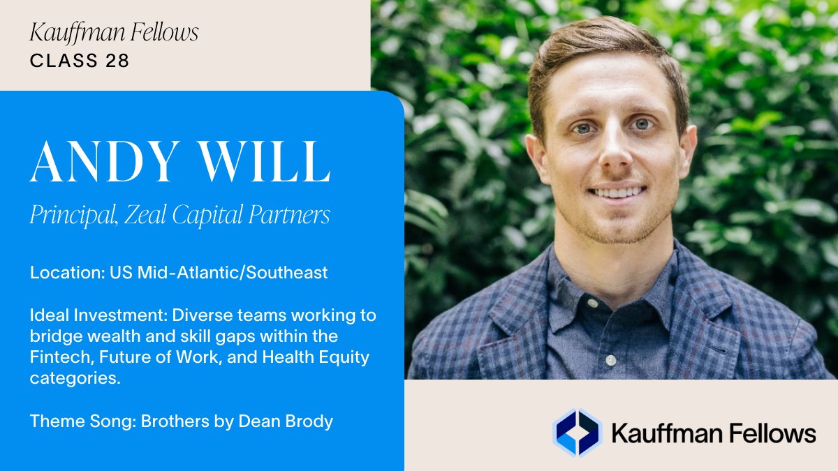 Happy to welcome @ZealVC Principal Investor @Andywill29 to KF Class 28! Andy has spent the last 11 years as a leader across banking, hedge funds, and venture capital with a specific focus on fintech. kauffmanfellows.org/fellows/andy-w…