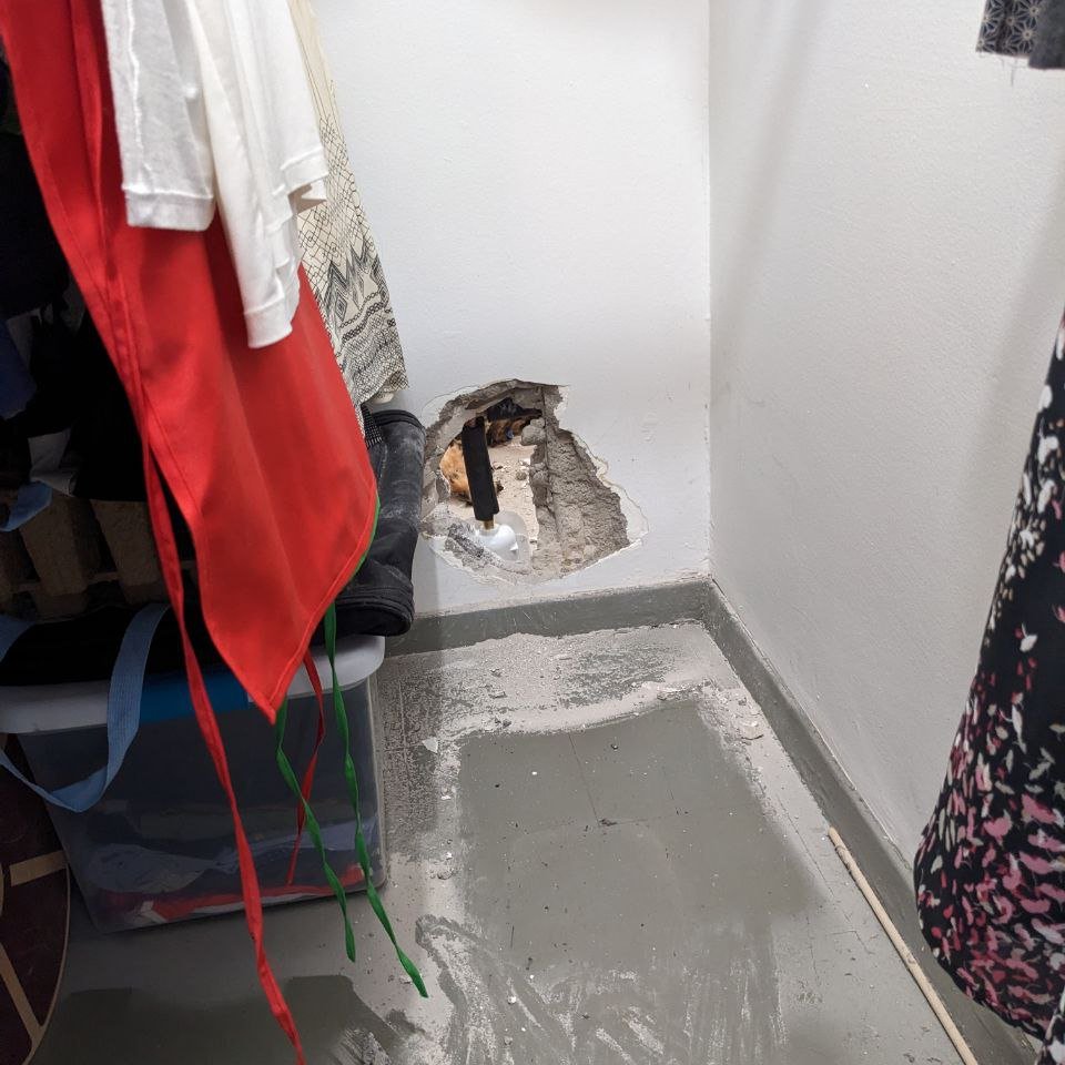 Bobby1LV's tweet photo. When your neighbor's contractor decides to expand their remodeling into your closet 🥴 #ItsOneOfThoseDays https://t.co/mwsMeFm3KU
