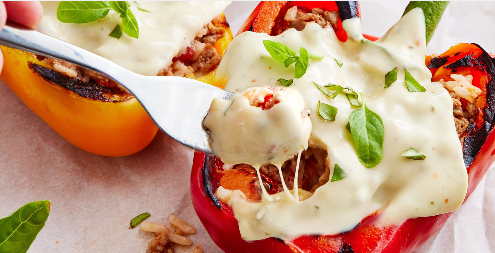 A2. We use top-selling <a href="/BordenDairy/">Borden Dairy</a> Melts Singles! Choose from 4 delicious flavor options made with real cream – American, Pepper Jack, Extra Sharp Cheddar and Swiss. Check out this spicy stuffed pepper recipe with Borden Melts Singles – Pepper Jack. bit.ly/3WTuWUL