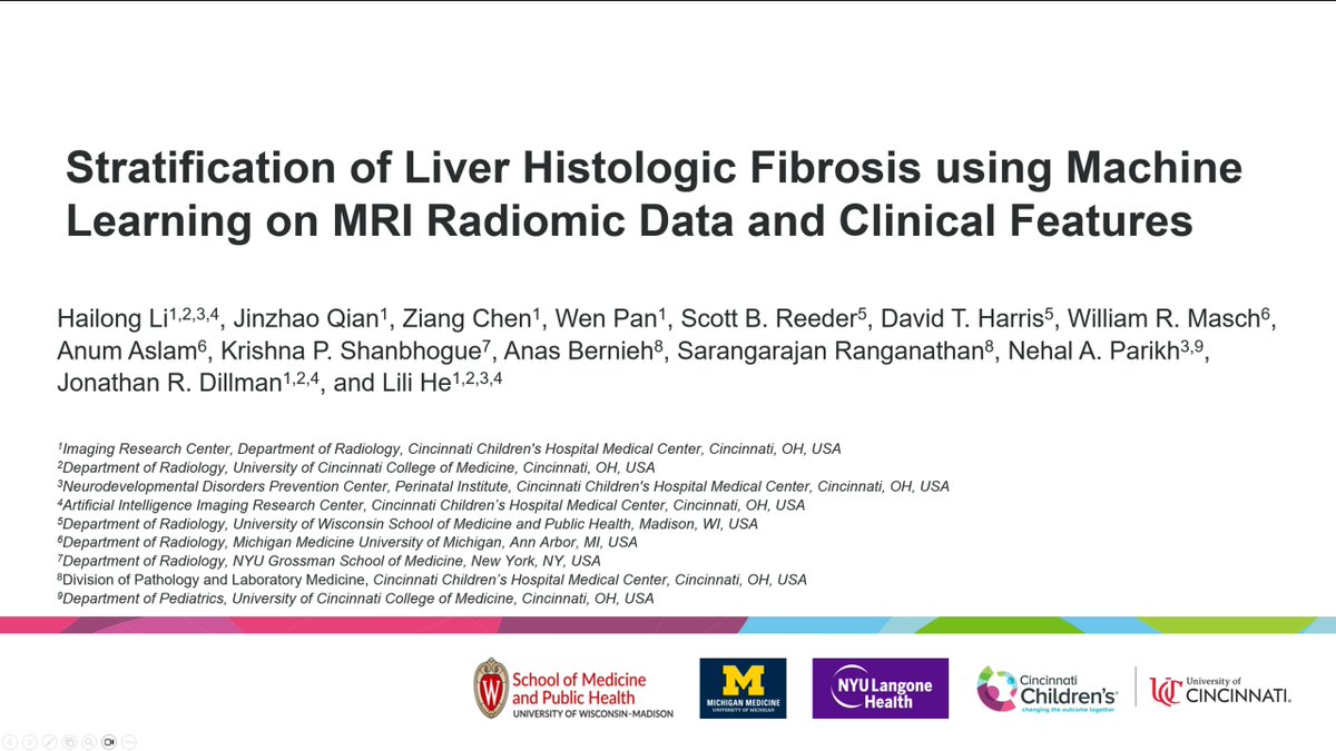 This <a href="/HailongLi_OH/">Hailong Li</a> poster will describe how he stratified liver fibrosis using machine learning and radiomic data. This is one of many collaboration's between our department, <a href="/NYUImaging/">NYU Langone Health Department of Radiology</a>, @UmichRadiology, and <a href="/UWiscRadiology/">UW Radiology</a> <a href="/therealjonadill/">Jonathan Dillman</a> <a href="/AI_CAD_CCHMC/">Lili He</a> #ISMRM23 #ISMRM2023 🧵