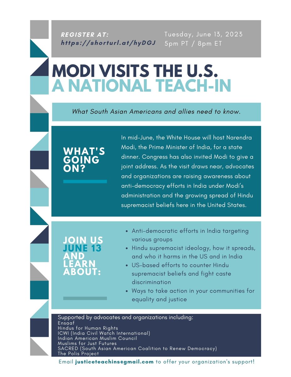 [NEW] Modi's June visit to the US is an important moment to better understand what's going on in India and here. JOIN a national teach-in on June 13th for South Asian Americans and allies, organized by advocates & groups. Register here: shorturl.at/hyDGJ