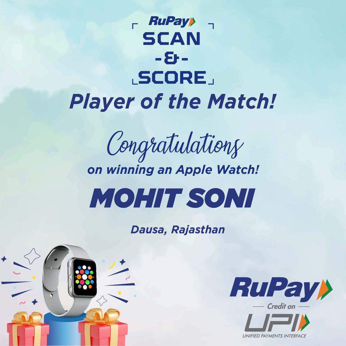 RuPay_npci's tweet photo. Congratulations, @MrSoniBki for winning the Player of the Match in the RuPay Scan &amp; Score! Your outstanding performance has rightfully earned you an Apple Watch as a well-deserved reward ⌚️🥳

@HDFC_Bank 

#RuPay #ScanAndScore #WinnerAlert #RuPayCreditCardOnUPI #AskForRuPayCredit https://t.co/Fut9WhX7aW