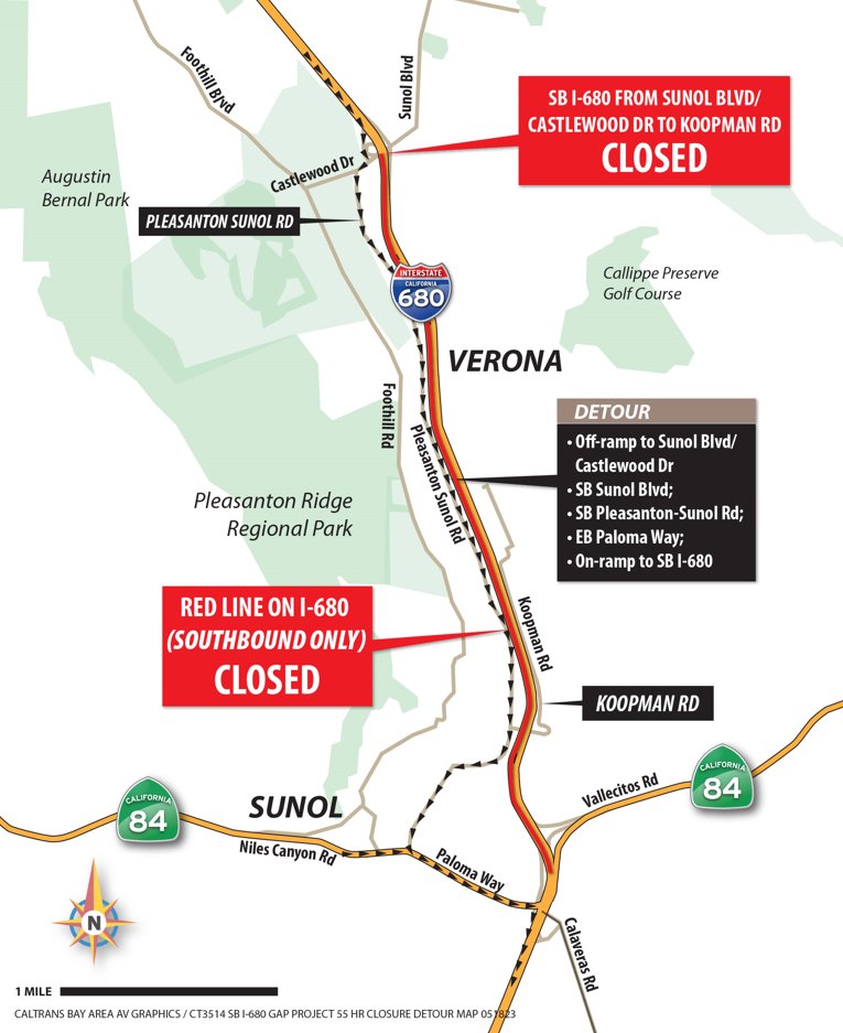 Caltrans will close southbound I-680 in Pleasanton between Sunol Blvd and Koopman Rd starting 10 p.m. Friday, June 9 through 4 a.m. Monday morning, June 12 to replace deteriorated roadway with new pavement.