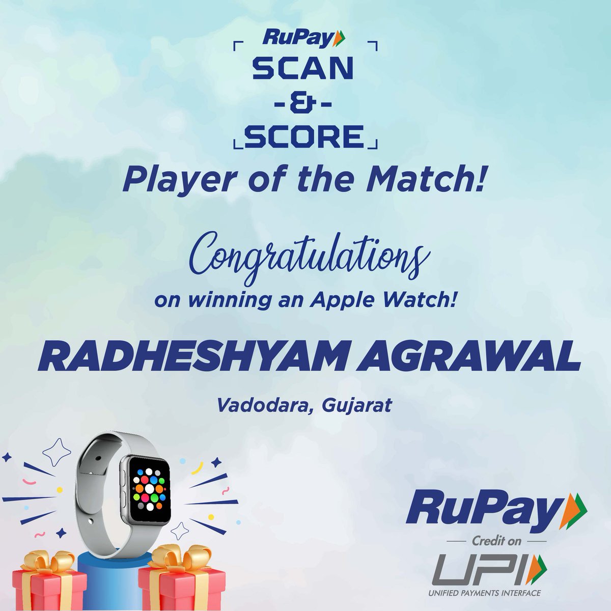RuPay_npci's tweet photo. Big applause to Radheshyam Agrawal for emerging as the Player of the Match in RuPay Scan &amp; Score! Celebrations are in order as you win the stylish Apple Watch ⌚️🥳

@HDFC_Bank

#RuPay #ScanAndScore #WinnerAlert #RuPayCreditCardOnUPI #AskForRuPayCredit #ScanScoreWin https://t.co/qcjtBioQmT